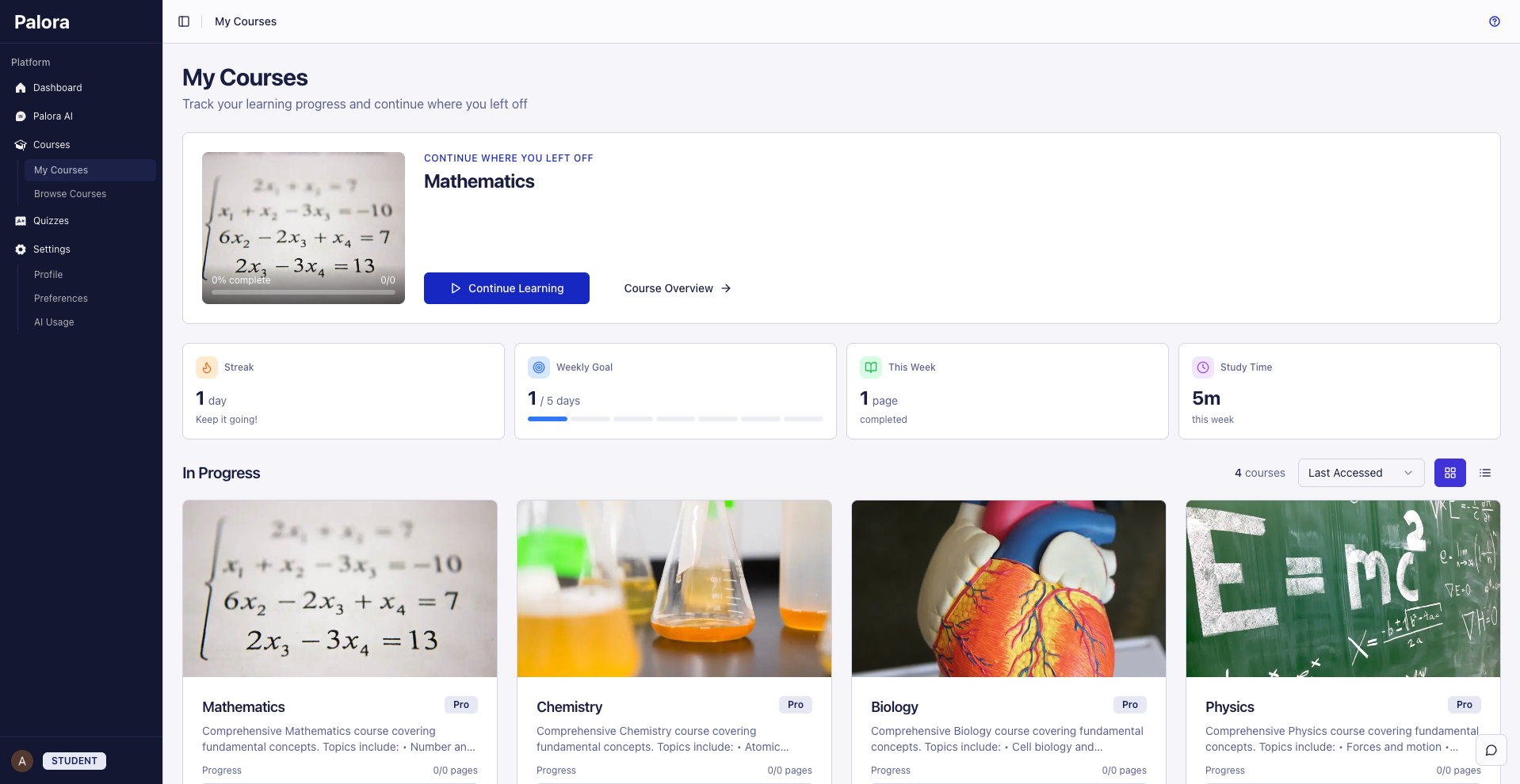 My courses with progress tracking